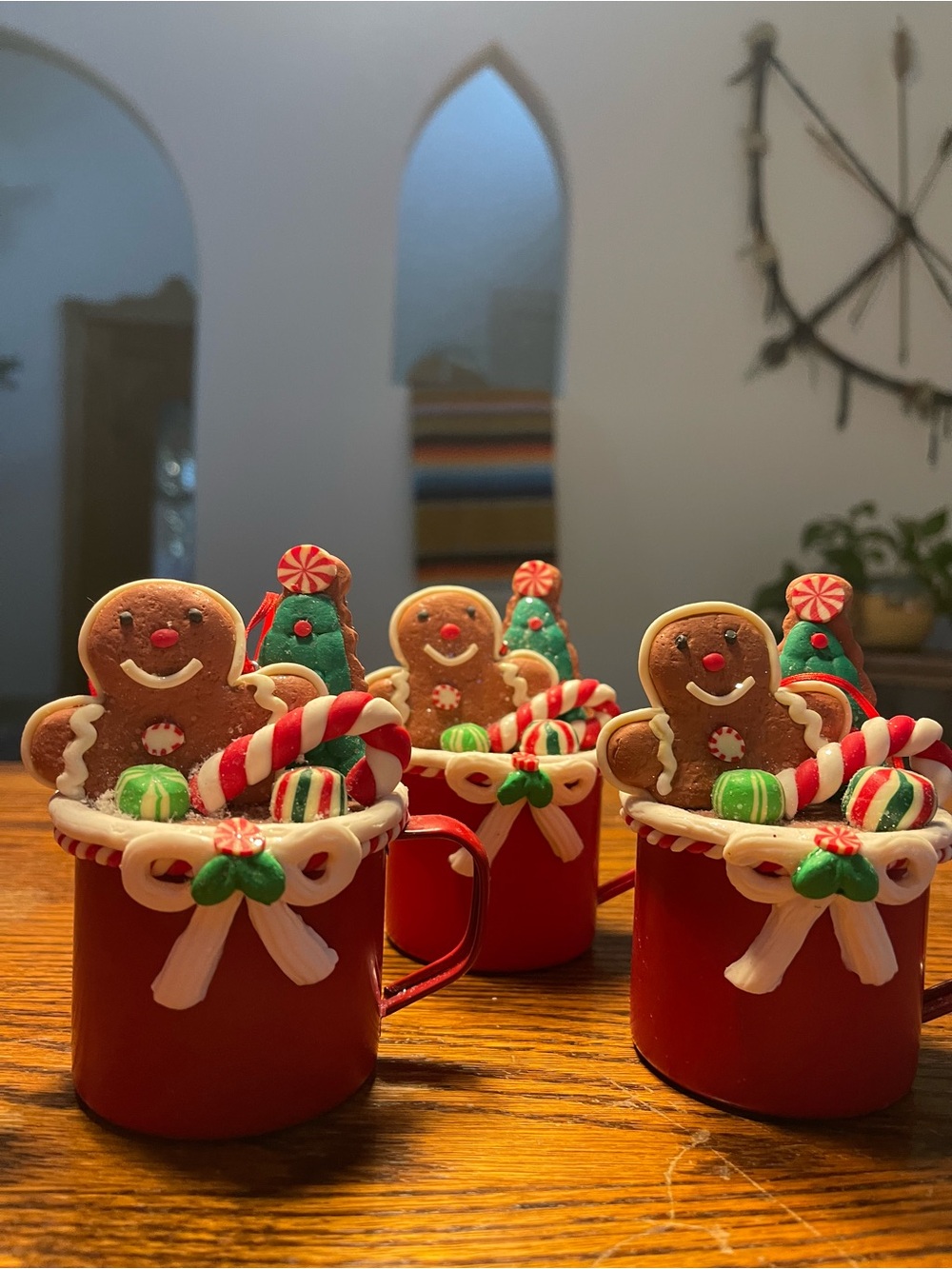 Festive Red Holiday Mug with Gingerbread and Candy Ornaments Decorations
